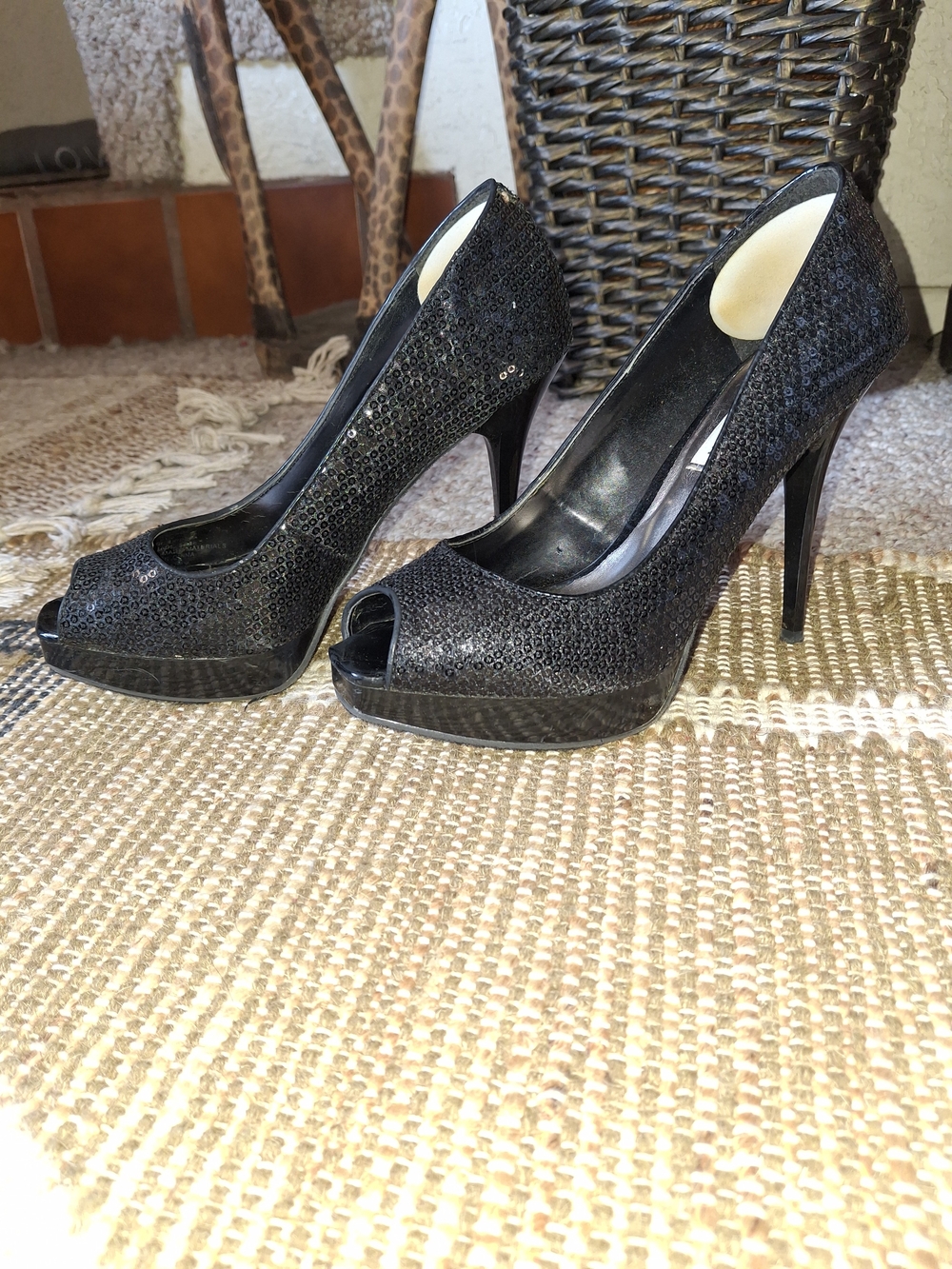 Steve Madden Black Sequin Peep-Toe High Heels